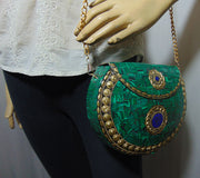 Green Mosaic Stone Metal Clutch Purse