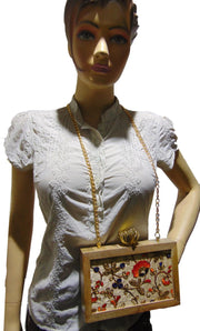 Wooden Embroidery Fabric Clutch Bag