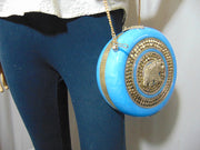 Metallic sky blue Brass decoration round box clutch purse