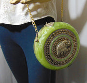 Metallic lime green Brass decoration round box clutch purse