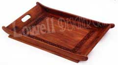3 WOODEN CARVED SERVING TRAY WITH BRASS WORK