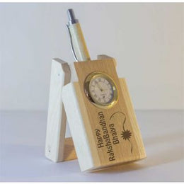 PERSONALIZED LASER ENGRAVED WOODEN FOLDING PEN STAND WITH ANALOG CLOCK