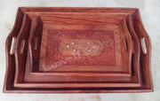 3 WOODEN CARVED SERVING TRAY WITH BRASS WORK