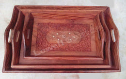 3 WOODEN CARVED SERVING TRAY WITH BRASS WORK