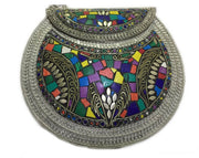 MOSAIC INDIAN HANDMADE MOSAIC SILVER METAL CLUTCH PURSE EVENING BAG