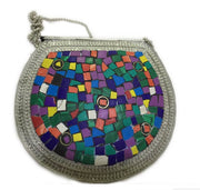 MOSAIC INDIAN HANDMADE MOSAIC SILVER METAL CLUTCH PURSE EVENING BAG