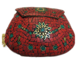 RED MOSAIC WOMEN CHAIN CLUTCH BOX BAG METAL PURSE