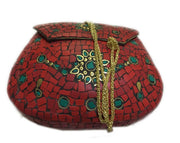RED MOSAIC WOMEN CHAIN CLUTCH BOX BAG METAL PURSE