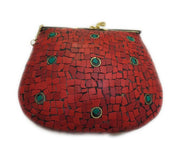 RED MOSAIC WOMEN CHAIN CLUTCH BOX BAG METAL PURSE