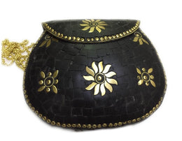 BLACK MOSAIC WOMEN CHAIN CLUTCH BOX BAG METAL PURSE