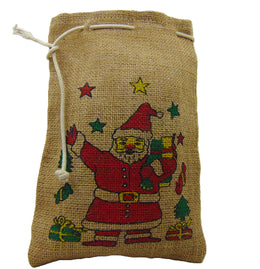 SANTA CLAUSE PRINT JUTE DRAWSTRING BAG