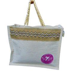 Jute lace & printed Tote Bag