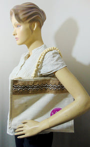 Jute lace & printed Tote Bag