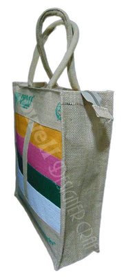 Jute custom print Stripe Panel Tote Bag