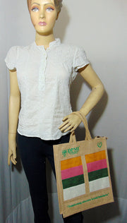 Jute custom print Stripe Panel Tote Bag