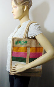 Jute custom print Stripe Panel Tote Bag