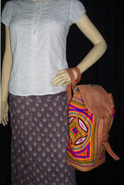INDIAN HANDMADE LEATHER BAG BACKPACK EMBROIDED VINTAGE LOOK ETHNIC BAG
