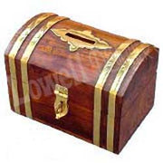 WOODEN CHEST SHAPE MONEY BOX WITH BRASS INLAY