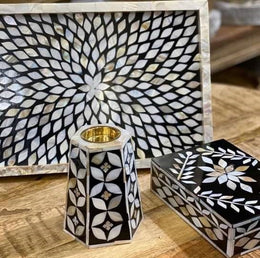 Bone Inlay Tray Box Candle Holder set