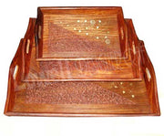 3 WOODEN CARVED SERVING TRAY WITH BRASS WORK