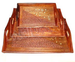 3 WOODEN CARVED SERVING TRAY WITH BRASS WORK