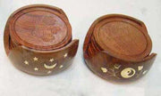 WOODEN CARVED TEA COASTER SET 6 PLATE WITH STAND