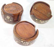 WOODEN CARVED TEA COASTER SET 6 PLATE WITH STAND