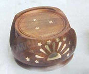 WOODEN CARVED TEA COASTER SET 6 PLATE WITH STAND