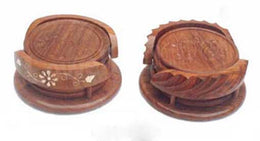 HAND CARVED WOODEN COASTER SET WITH BRASS WORK