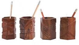WOODEN PEN STAND WITH CUTTER WORK