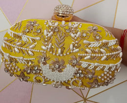 Embroidered Yellow Velvet Frame Box Clutch