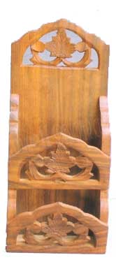 Wood Hand Carved 14” Letter Holder / Mail Rack with Floral Motif Carving on Panels Antique Look Wall / Home Décor Mail Holder Rack