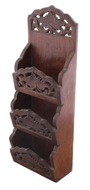 Wood Hand Carved 14” Letter Holder / Mail Rack with Floral Motif Carving on Panels Antique Look Wall / Home Décor Mail Holder Rack