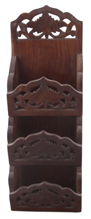 Wood Hand Carved 14” Letter Holder / Mail Rack with Floral Motif Carving on Panels Antique Look Wall / Home Décor Mail Holder Rack