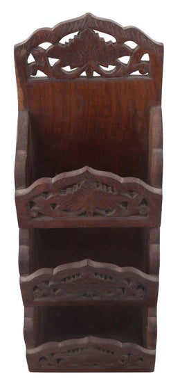 Wood Hand Carved 14” Letter Holder / Mail Rack with Floral Motif Carving on Panels Antique Look Wall / Home Décor Mail Holder Rack
