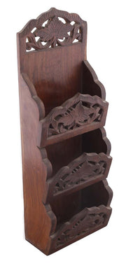 Wood Hand Carved 14” Letter Holder / Mail Rack with Floral Motif Carving on Panels Antique Look Wall / Home Décor Mail Holder Rack
