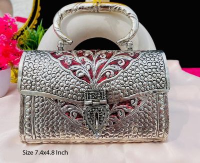 Metal Handle Silver Clutch Bag with Elegant Meena Work Perfect