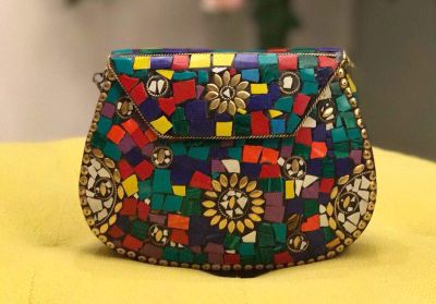 Metal chain, velvet made Mosaic Blue,Green with brass metal